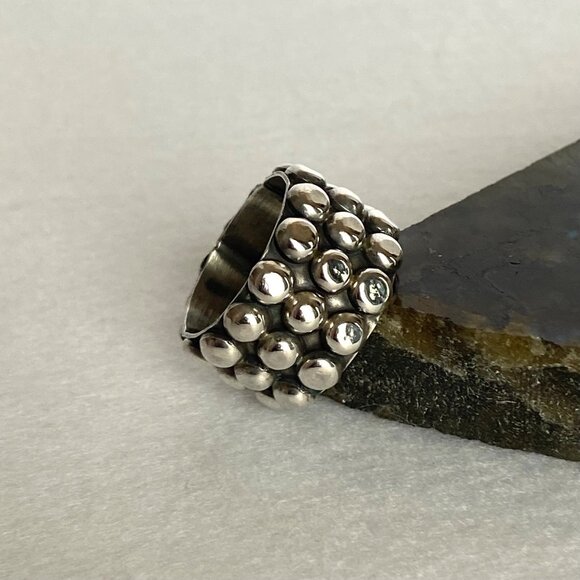 Sterling Silver 925 Mexico Chunky Dots Bubble Bead Ball Wide Band Ring Sz 5.75 - Picture 4 of 15